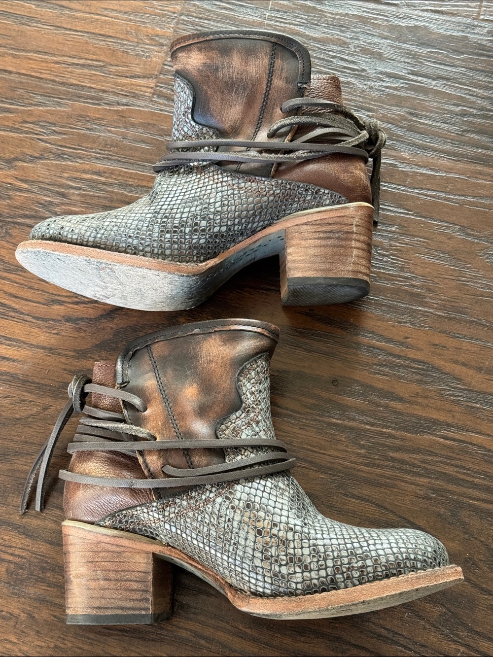 Freebird by Steven Metallic Gray and Distressed Brown Snake-Texture Ankle Boots - Picture 12 of 15